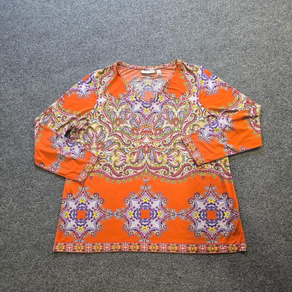 Susan Graver Top Womens Size XL Orange Floral Rhinestones Stretchy V Neck Casual